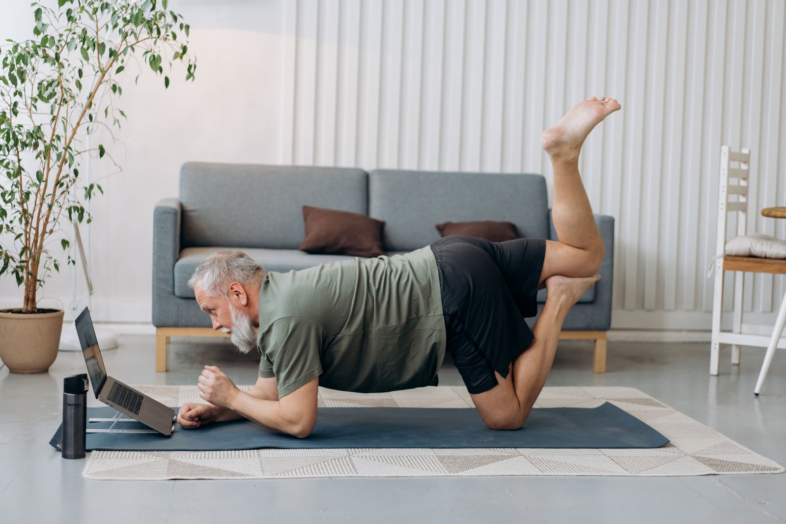 Man following a calm evening exercise routine